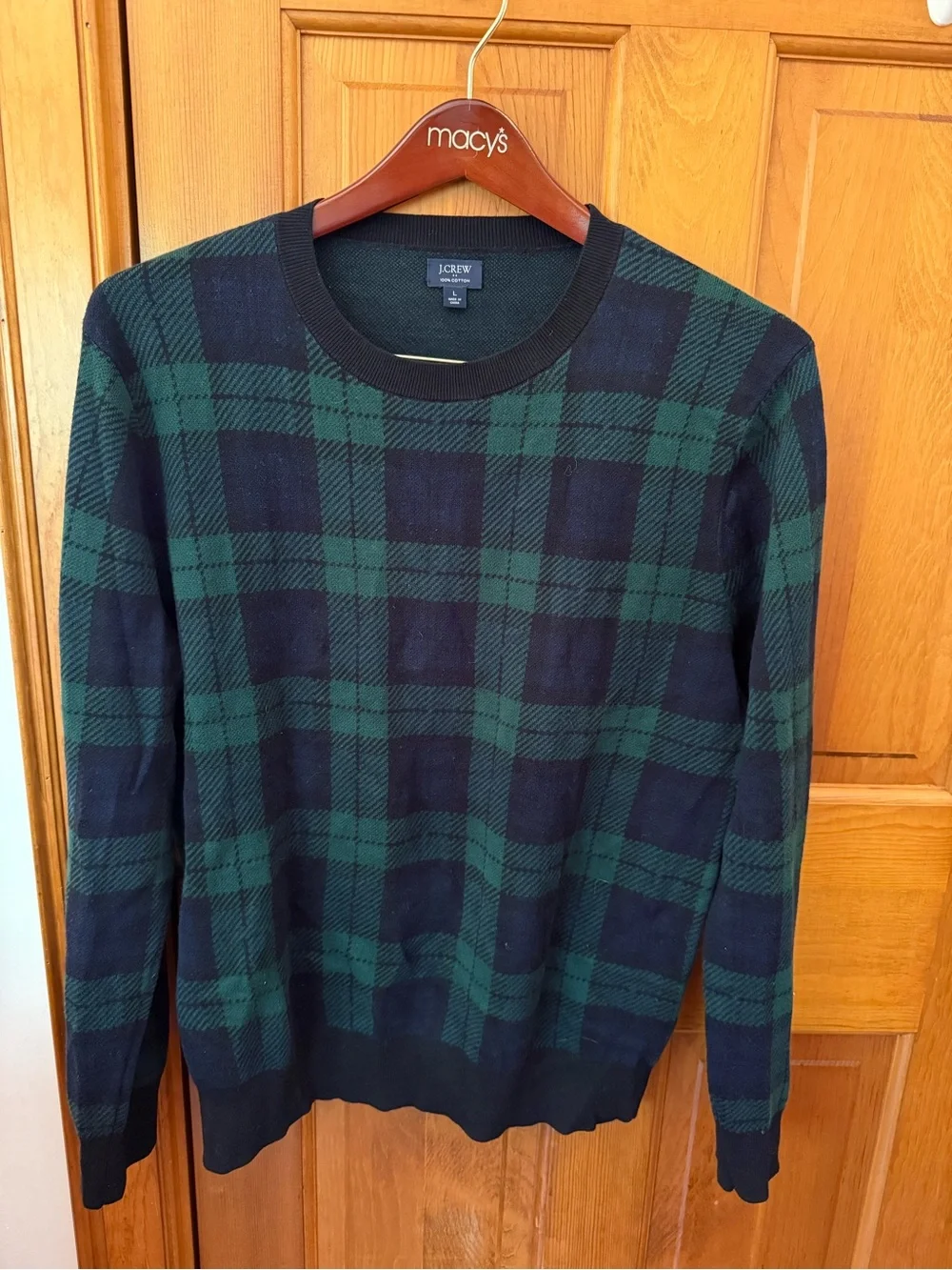 J. Crew Men's Navy and Green Plaid Crewneck Sweater